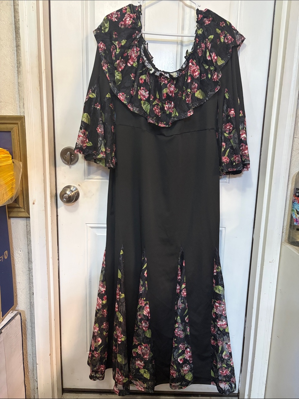 SHEIN Black Maxi Dress with Pink and Green Floral Ruffle